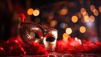carnaval fête - vénitien masques sur rouge briller avec brillant banderoles sur abstrait défocalisé bokeh lumières avec copie espace pour texte, génératif ai photo