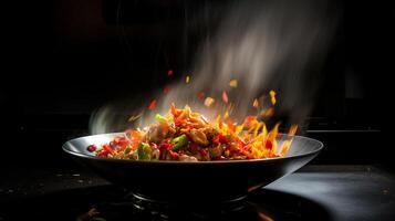 Geler mouvement de wok la poêle avec en volant Ingrédients dans le air et Feu flammes, génératif ai photo