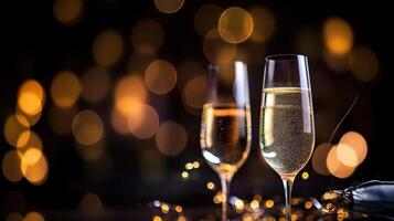 Nouveau année fête - pain grillé avec Champagne et feux d'artifice - défocalisé bokeh lumières arrière-plan, génératif ai photo