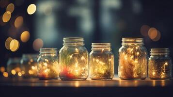 abstrait Noël carte avec défocalisé ancien effets - chaîne lumière avec des arbres dans verre pots décoration, génératif ai photo