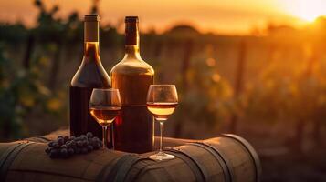 baril verres à vin et bouteille dans vignoble à coucher de soleil, génératif ai photo