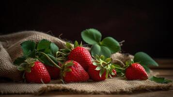 des fraises dans une sac sur en bois table avec fraise champ voir. biologique agriculture concept, génératif ai photo