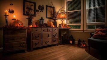 intérieur de vivant pièce décoré pour Halloween avec porte et poitrine de tiroirs, génératif ai photo