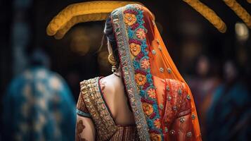 magnifiquement décoré Indien la mariée robe, doux se concentrer, génératif ai photo