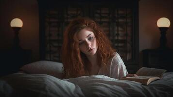 Matin de Jeune femme en train de lire livre dans lit, génératif ai photo