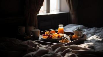 petit déjeuner dans lit. fenêtre lumière, génératif ai photo