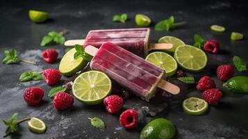 concombre citron vert spa en bonne santé sucettes glacées avec Frais framboises, génératif ai photo