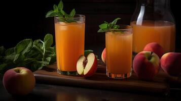 pêche carotte limonade est le parfait fin de été boire. carottes donner il une vibrant Orange Couleur et Frais pêche purée donne il une coup de poing de saveur, génératif ai photo