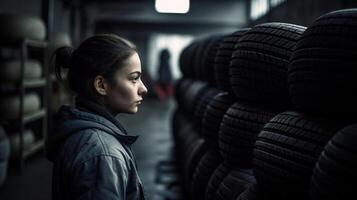 femmes mécanicien en portant une pneu pneu à le réparation garage. remplacement de hiver et été pneus, génératif ai photo