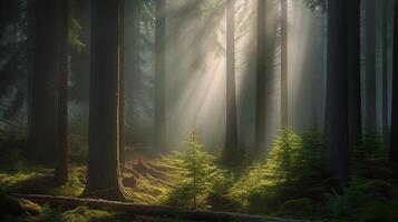Naturel forêt de épicéa des arbres, rayons de soleil par brouillard créer mystique atmosphère, génératif ai photo