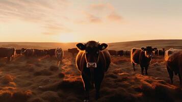 une troupeau de vaches à la recherche à le caméra dans Prairie à coucher de soleil, génératif ai photo