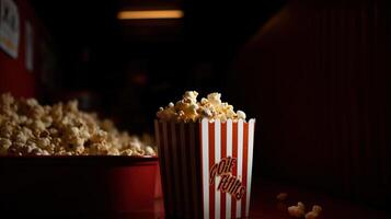 pop corn dans une rayé boîte. film en mangeant dans théâtre, génératif ai photo