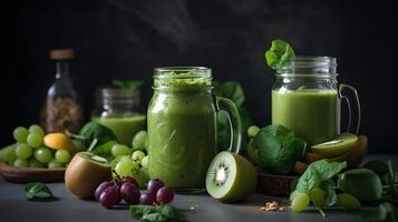 verre pot des tasses avec vert santé smoothie, chou frisé feuilles, chaux, pomme, kiwi, raisins, banane, avocat, salade. brut, végétalien, végétarien, alcalin nourriture concept. génératif ai photo