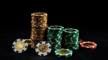 bitcoin or pièce de monnaie avec poker frites sur une vert poker table contre noir Contexte. blockchain casino, génératif ai photo