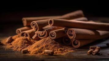 cannelle des bâtons et poudre sur en bois tableau, génératif ai photo