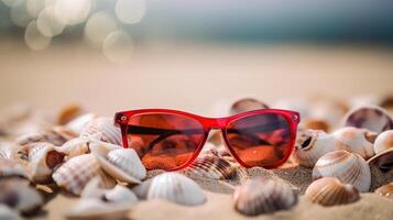 des lunettes de soleil mensonge sur tropical le sable plage. faire la fête. blanc serviette sur bureau et rouge des lunettes avec coquillages. des lunettes de soleil sur le plage. génératif ai photo
