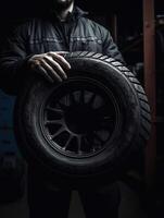 mécanicien en portant une pneu pneu à le réparation garage. remplacement de hiver et été pneus, génératif ai photo