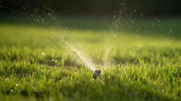 l'eau pulvérisation de tuyau sur vert herbe en plein air, génératif ai photo