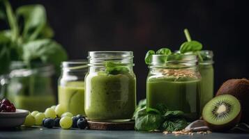 verre pot des tasses avec vert santé smoothie, chou frisé feuilles, chaux, pomme, kiwi, raisins, banane, avocat, salade. brut, végétalien, végétarien, alcalin nourriture concept. génératif ai photo