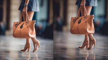 magnifique femme jambes dans haute talon avec Sac à main, génératif ai photo