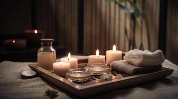 magnifique spa composition sur massage table dans bien-être centre, génératif ai photo