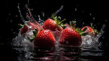 des fraises chute dans une réservoir de l'eau montrant mouvement et éclaboussures, coup contre une noir arrière-plan, génératif ai photo