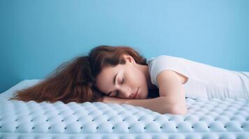 Jeune femme en train de dormir sur doux matelas contre lumière bleu arrière-plan, génératif ai photo