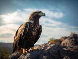 un Aigle avec d'or plumes et bleu yeux permanent sur une osciller, le Soleil derrière le des nuages dans le bleu ciel, génératif ai photo