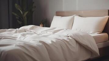 confortable lit avec doux blanc matelas, couverture, génératif ai photo
