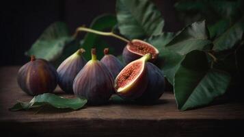 mûr figure des fruits avec feuille fermer. magnifique sucré Frais biologique figues sur une en bois tableau. en bonne santé végétalien nourriture, génératif ai photo