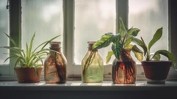 fané plantes d'intérieur sur rebord de fenêtre dans chambre, génératif ai photo