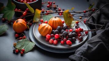 fermer vue de saisonnier table réglage avec l'automne feuilles, citrouilles et cendres sur gris arrière-plan, génératif ai photo
