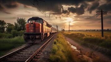 train sur le chemin de fer, le coucher du soleil Contexte génératif ai photo