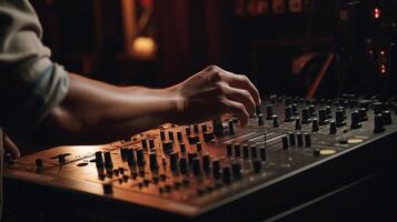 dj création la musique sur moderne console mixer dans nuit club, génératif ai photo