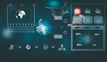 homme portant vr des lunettes virtuel global l'Internet lien métaverse la mise en réseau, partage Télécharger et télécharger, en ligne Documentation base de données et processus automatisation à efficacement gérer des dossiers technologie. photo