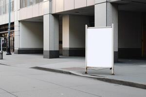 ai génératif une Vide blanc panneau d'affichage maquette sur une trottoir dans une ville photo