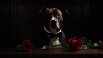 ai génératif américain Staffordshire terrier avec rouge des roses sur une foncé Contexte. photo