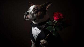 ai génératif américain Staffordshire terrier avec rouge des roses sur une foncé Contexte. photo