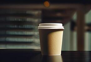 chaud boisson jetable blanc papier café tasse avec noir dôme couvercle et kraft manche ai généré photo