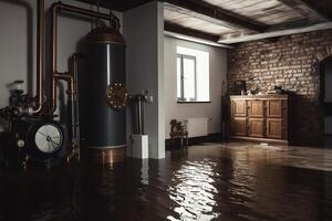 sous-sol avec une inondé intérieur et une Chaudière. ai généré photo