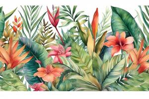 vert tropical feuilles et rougir fleurs sur blanc Contexte aquarelle main peint sans couture frontière floral tropique illustration jungle feuillage modèle. ai généré photo