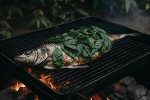 une poisson est cuisine sur une gril avec une lot de sauce sur ses côté et une bouquet de vert feuilles sur ses côté. ai généré photo