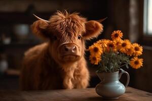 mignonne bébé montagnes vache sur vase printemps fleurs. ai généré photo