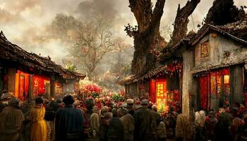 ancien chinois village, chinois Nouveau année, pêche fleur fleurir, multi feu d'artifice dans le ciel, animé marché, flétri des arbres. content Nouveau année concept. produire ai photo