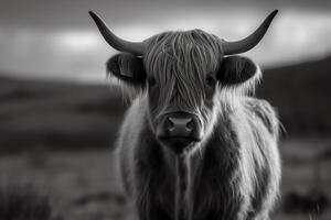 noir et blanc montagnes vache portrait. ai généré photo