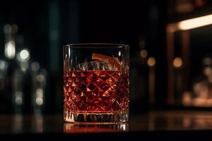 negroni cocktail avec le magnifique réflexion de le bar lumières sur une en miroir surface. ai généré photo