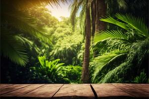 tropical Contexte avec une en bois table sur le premier plan et luxuriant végétation avec beaucoup de copie espace, parfait pour édition avec votre produit. vide prêt pour votre produit afficher. génératif ai photo