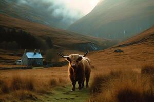 montagnes vache dans Écosse vallée. ai généré photo