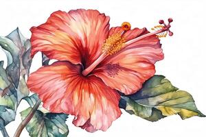 hibiscus fleur peint dans aquarelle sur un isolé blanc Contexte botanique illustration tropical fleurs. ai généré photo