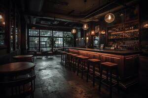 une vaguement allumé restaurant avec chaises et une bar dans le Contexte avec lumières pendaison de le plafond et pendaison de le plafond avec une bar dans le milieu de le milieu. ai généré photo